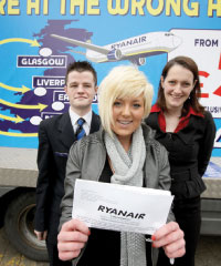 Analysis of all current scheduled services at the seven major airports in the region reveals that Ryanair and Aer Lingus between them account for around 70% of all seat capacity. Ryanair launched a new route to Bristol in March and took to the streets at the end of March to give out free flights for the new route.