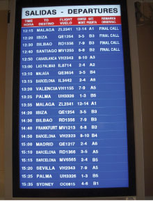 A sign of things to come? The departure boards created as a backdrop to the filming of a Spanish TV drama at the airport focus primarily on Spanish destinations. However, note the Sydney flight number, which appears to pay homage to Oceanic Flight 815 from the TV series Lost.