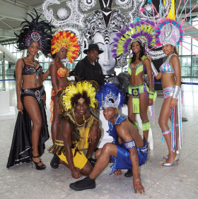 The world premiere of this year's Notting Hill Carnival took place at London Heathrow, with an exclusive preview of steel bands and performers in the Terminal 5 international arrivals area. Passengers could also tour a pop-up exhibition by internationally celebrated carnival artist, Carl Gabriel.