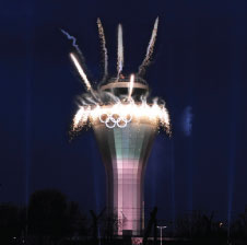 Birmingham Airport has unveiled a spectacular set of Olympic rings on its Air Traffic Control tower in celebration of the Games.