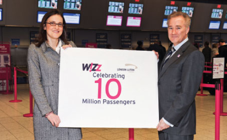 Then-Aviation Minister Theresa Villiers and Glyn Jones, Managing Director, London Luton, mark Wizz Air’s 10-millionth passenger through the airport in just seven years.