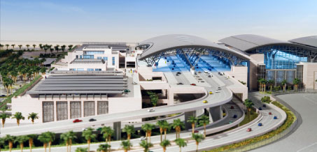 A CGI render of Muscat International Airport's proposed new terminal exterior.